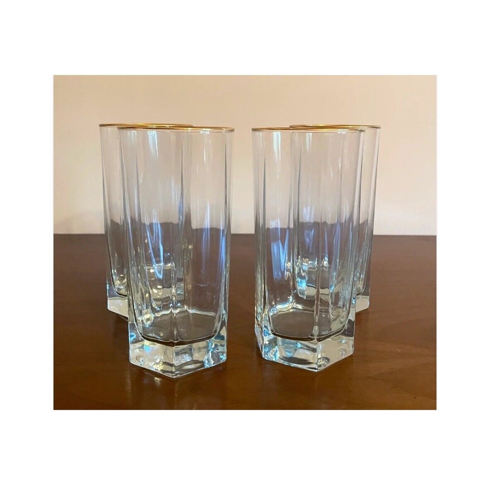 Givenchy Xeryus Gold Rimmed Crystal Glasses‎ Set (4) 1993 Vintage Glassware